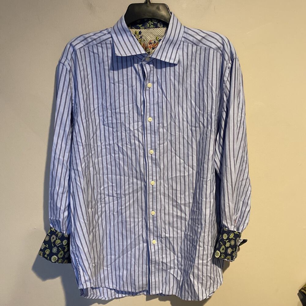 Robert Graham L/S Flip Cuff Button-up Shirt Men's Blue On Blue Striped Sz XL